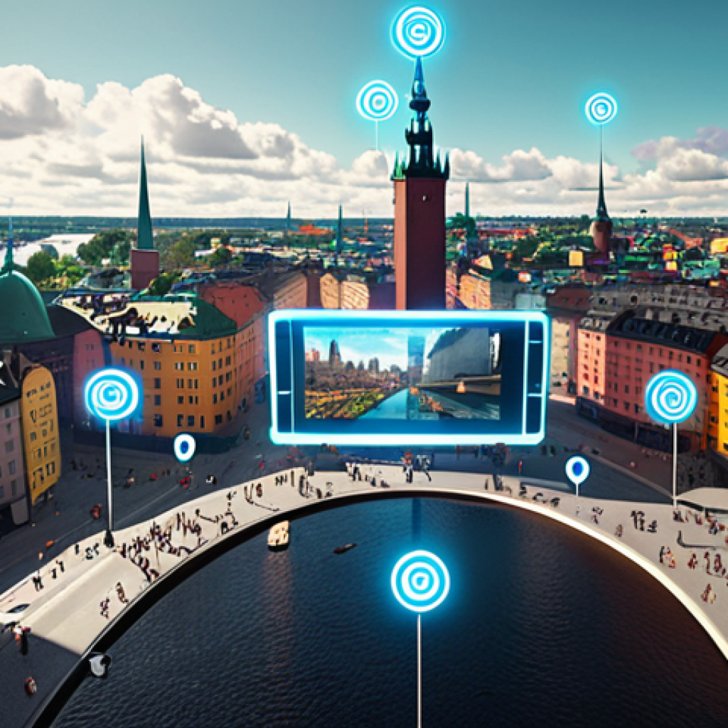 ** A vibrant, futuristic cityscape blending real-world elements with digital overlays. People are interacting with each other through AR interfaces, accessing personalized information feeds displayed in the air. The overall tone is optimistic and showcases the potential of the metaverse. Capture the feeling of Stockholm but with a futuristic twist.

**