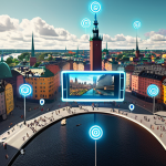 ** A vibrant, futuristic cityscape blending real-world elements with digital overlays. People are interacting with each other through AR interfaces, accessing personalized information feeds displayed in the air. The overall tone is optimistic and showcases the potential of the metaverse. Capture the feeling of Stockholm but with a futuristic twist.

**