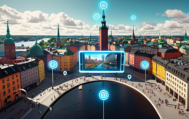 ** A vibrant, futuristic cityscape blending real-world elements with digital overlays. People are interacting with each other through AR interfaces, accessing personalized information feeds displayed in the air. The overall tone is optimistic and showcases the potential of the metaverse. Capture the feeling of Stockholm but with a futuristic twist.
**
